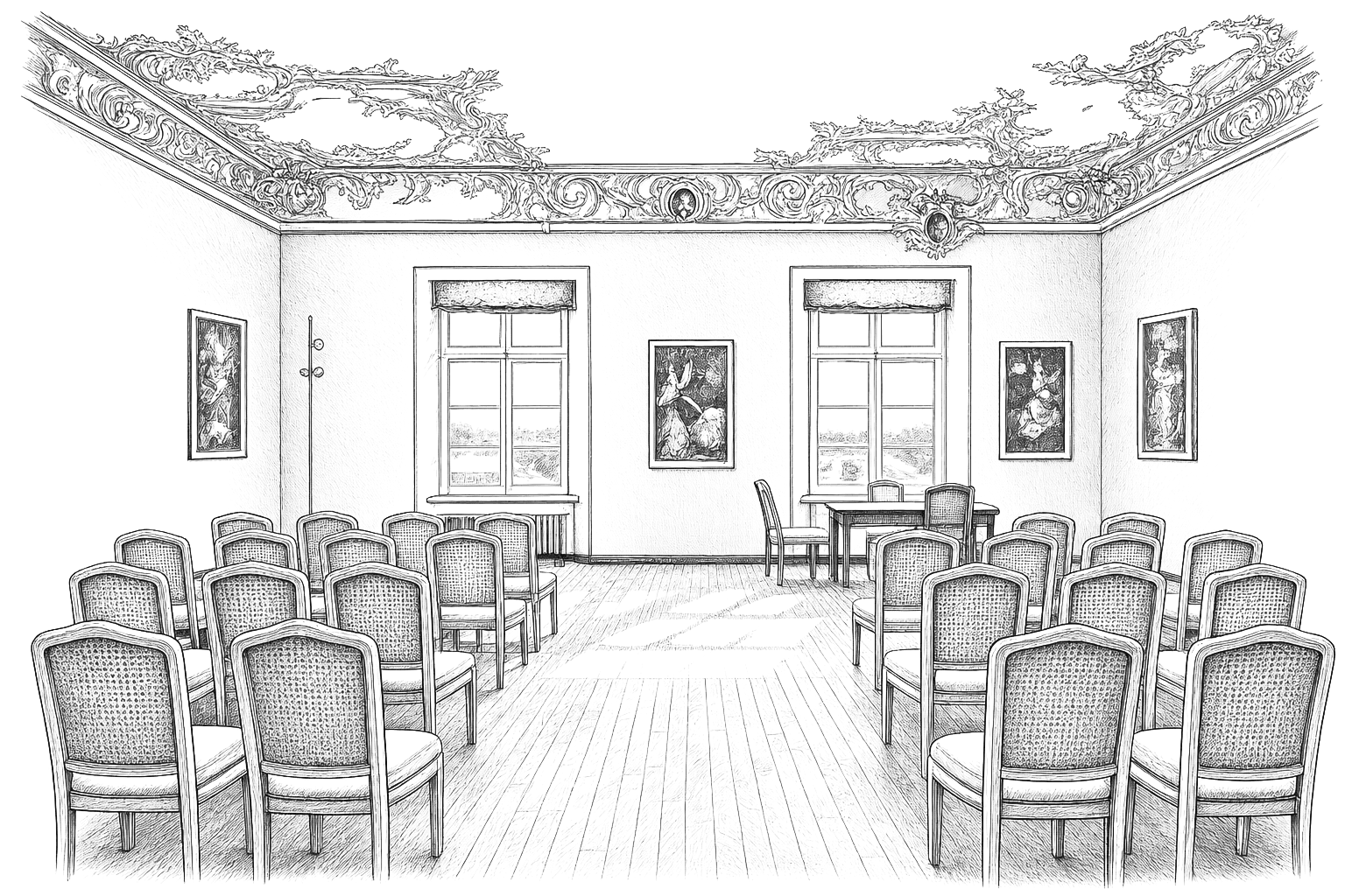 Handgezeichnete Illustration vom Trausaal im Kloster Beuerberg