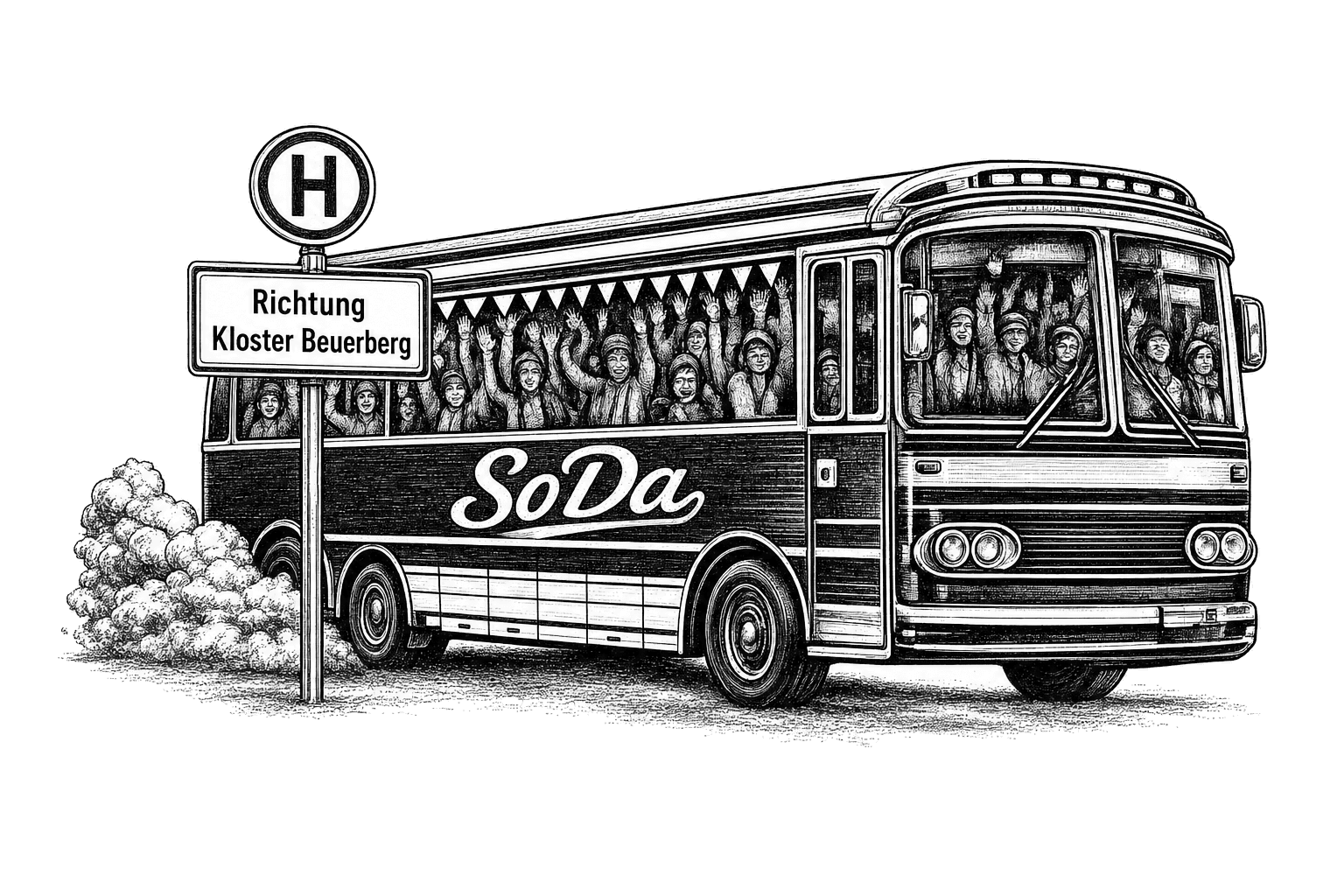 Handgezeichnete SoDa-Bus-Illustration zur gemeinsamen Abfahrt