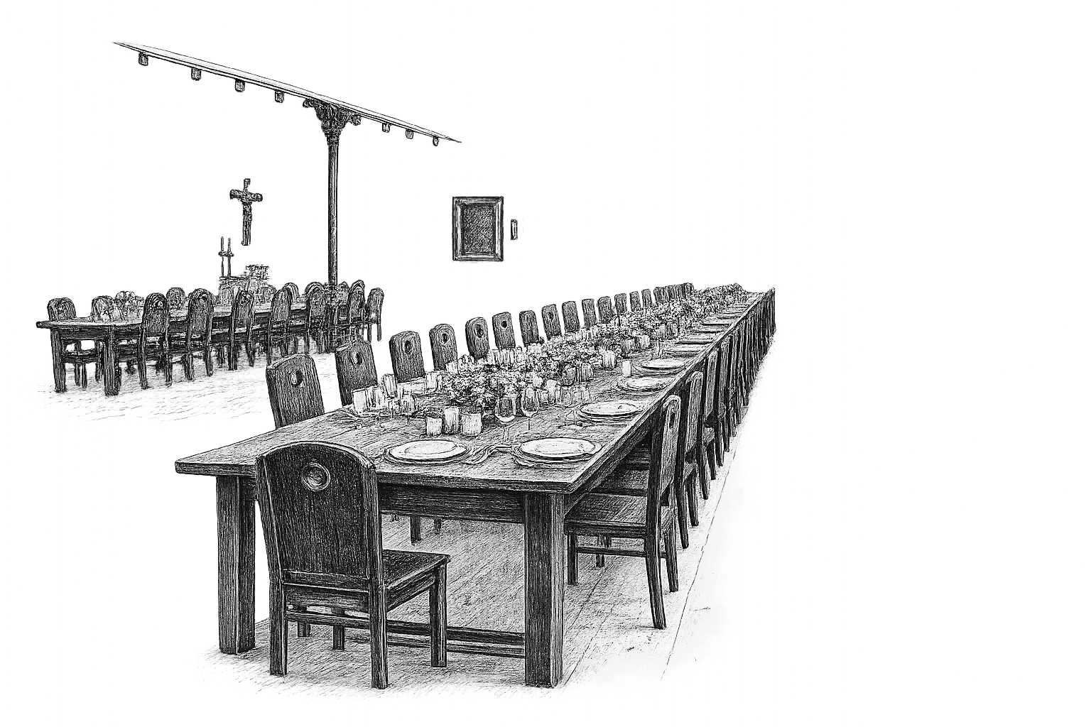 Handgezeichnete Illustration vom Mittagessen im Gästerefektorium