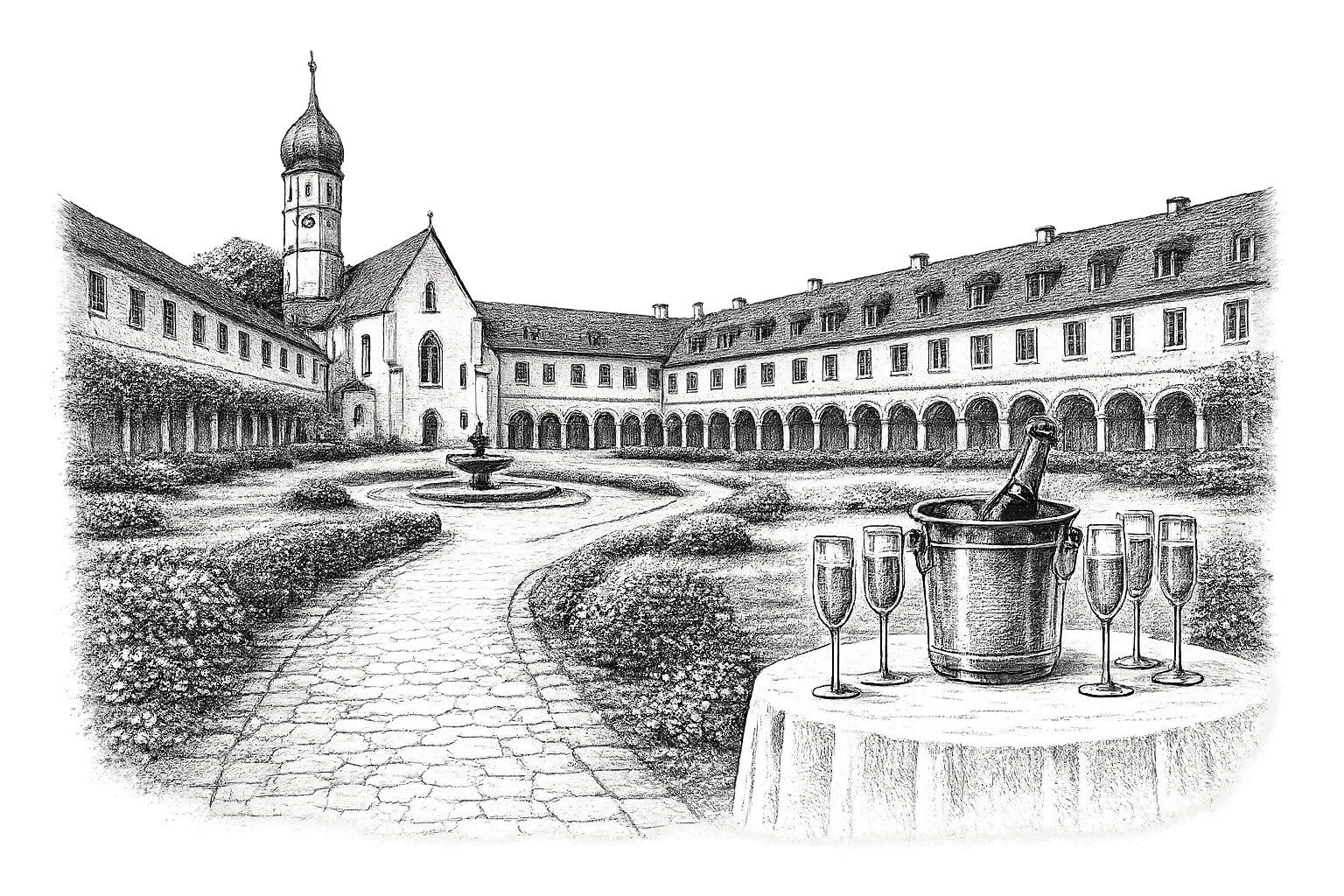 Handgezeichnete Illustration vom Sektempfang im Kreuzgarten