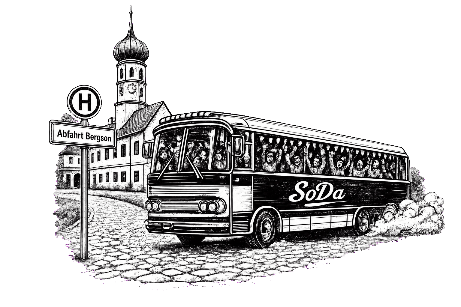 Handgezeichnete Illustration vom Shuttlebus mit Bushaltestelle Abfahrt Bergson vor dem Kloster Beuerberg